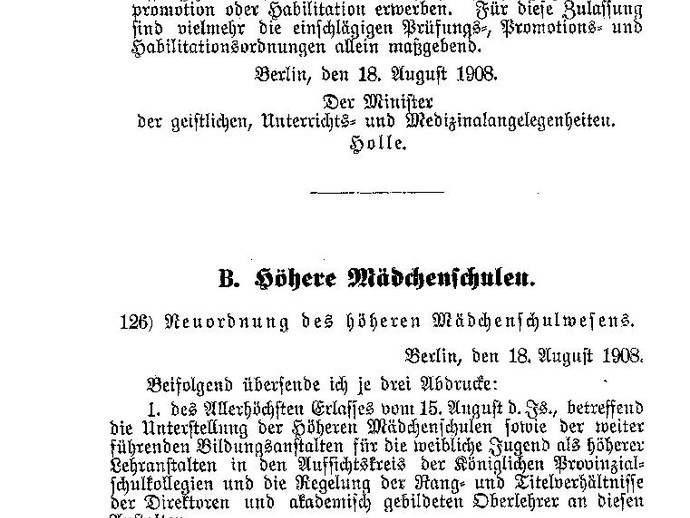 Amtliche Bestimmung zur Zulasung der Frauen zum Universitätsstudium, Zentralblatt für die gesamte Unterrichtsverwaltung in Preußen, 1908, Seite 2. (vergrößerte Bildansicht wird geöffnet)