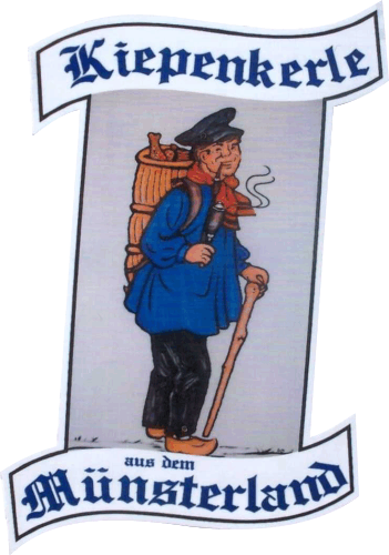 Aufnäher des Münsterländer Kiepenkerls in typischen traditioneller Tracht mit blauer Jacke, Schirmmütze und der namensgebenden Korbtrage.