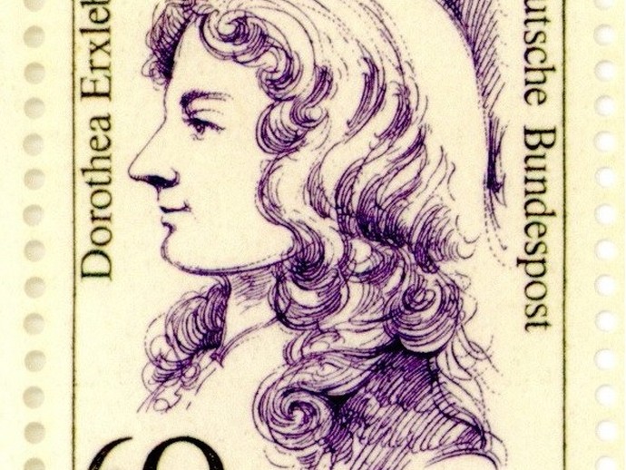 Briefmarke mit Porträt von Dorothea Erxleben im Wert von 60 Pfennig, Deutsche Bundespost, 1987. (vergrößerte Bildansicht wird geöffnet)