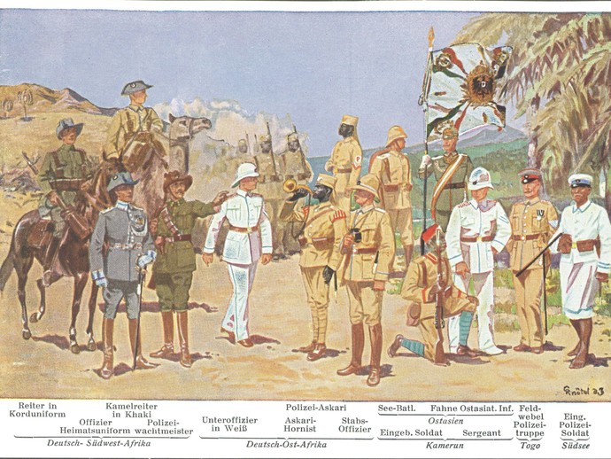 Eine Postkarte aus dem Fotoalbum des Mindener Soldaten. Sie zeigt die verschiedenen Uniformen der Schutztruppe. (öffnet vergrößerte Bildansicht)