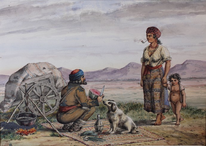 Grafiksammlung Bitter: Familie an der Moldau, Aquarell, 05.09.1859.