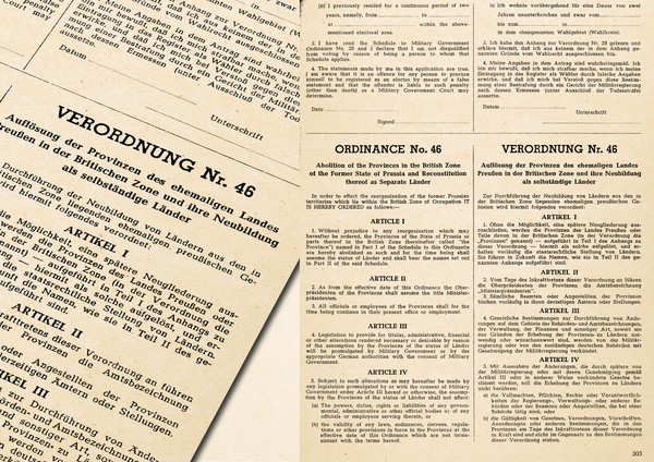 Ausschnitt Verordnung Nr. 46: Auflösung der Provinzen des ehemaligen Landes Preußen in der Britischen Zone und ihre Neubildung als selbständige Länder