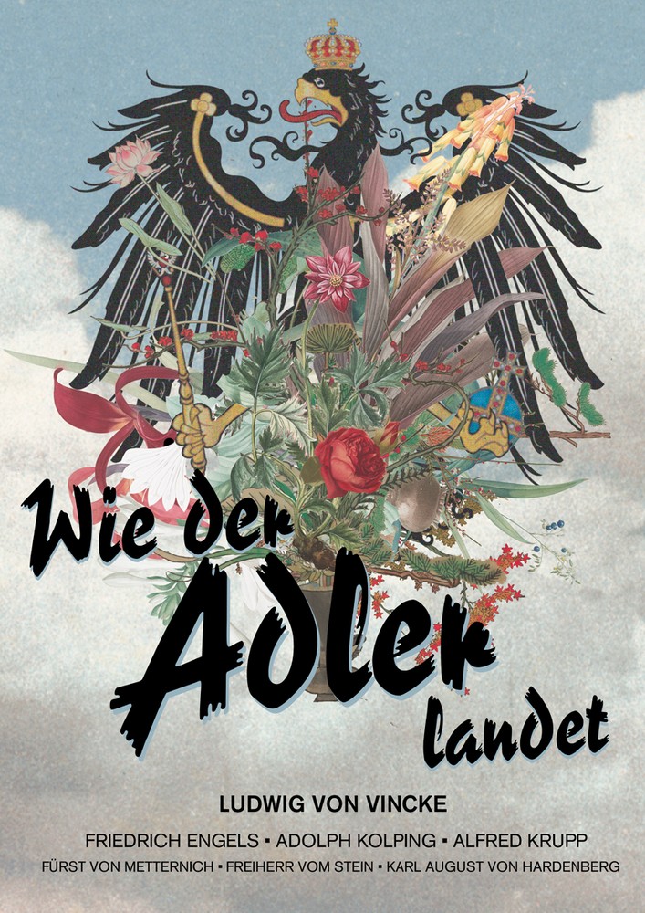 Fiktives Plakat mit dem Titel "Wie der Adler landet" mit schwarzem stilisiertem Adler mit Krone und Blumenschmuck im Hintergrund.