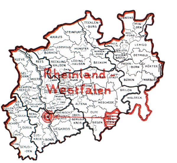 Ausschnitt aus dem Plan zur Neugliederung des Reiches Rheinland-Westfalen nach Hans Baumann von 1925.