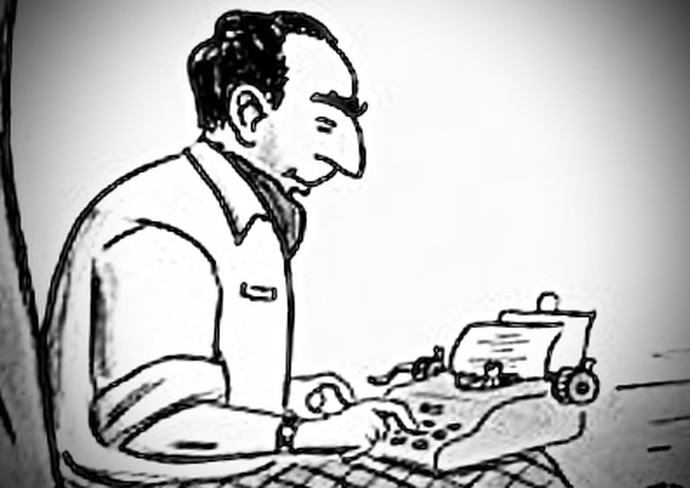 Karikatur von Erich Kästner an der Schreibmaschine