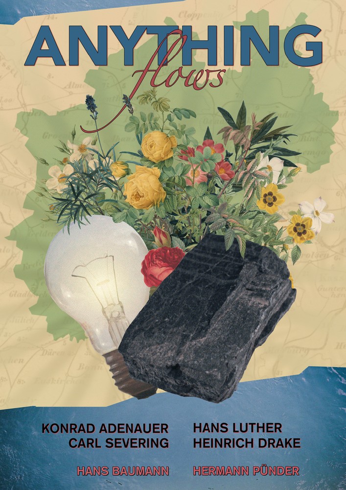 Fiktives Filmplakat mit dem Titel "Anything flows" zeigt schwarzen Gründungsstein, Glühbirne und Blumenschmuck.