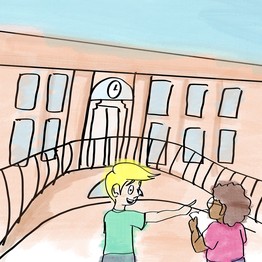Zeichnung mit zwei Kindern vor dem Gebäude des LWL-Preußenmuseums