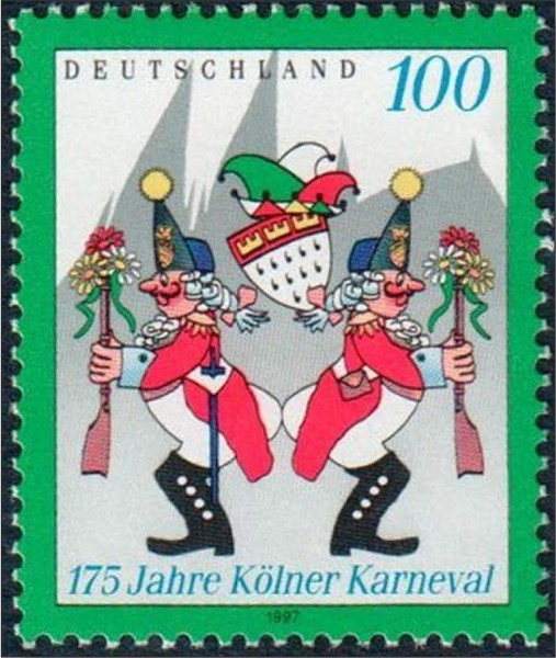Briefmarke mit zwei Jecken in traditioneller Kanevalstracht in weiß-rot und dem Kölner Stadtwappen mit Jeckenmütze.
