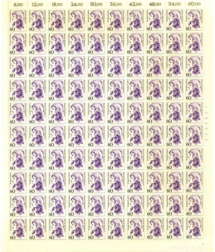 Briefmarkenbogen mit dem Porträt von Dorothea Erxleben im Wert von 60 Pfennig, Deutsche Bundespost, 1987