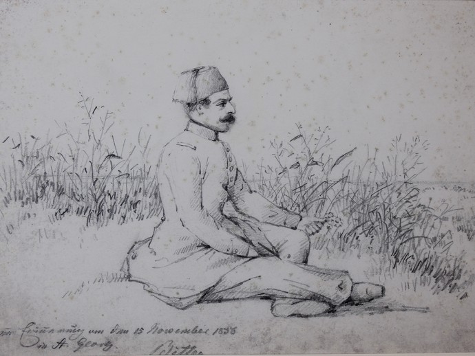 Sitzender Offizier, Bleistiftzeichnung, 15.11.1856. (vergrößerte Bildansicht wird geöffnet)