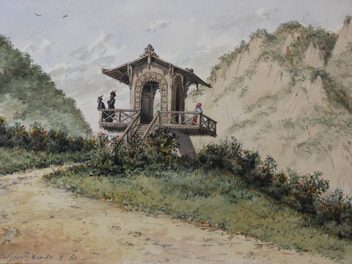 Türkischer Wachturm oder Zollstation auf der Coronini-Höhe, Aquarell,10.08.1860. (vergrößerte Bildansicht wird geöffnet)
